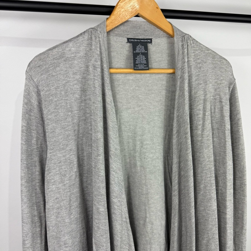 Chelsea & Theodore Fringe Trim Long Sleeve Grey Cardigan Size L